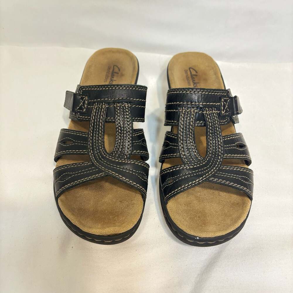 Clarks Bendables Black Leather Wedge Comfort Sandals Size 9